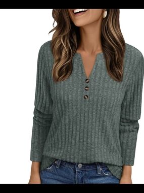 Ribbed V-Neck Button Pullover in Gray Green Color Size XXL